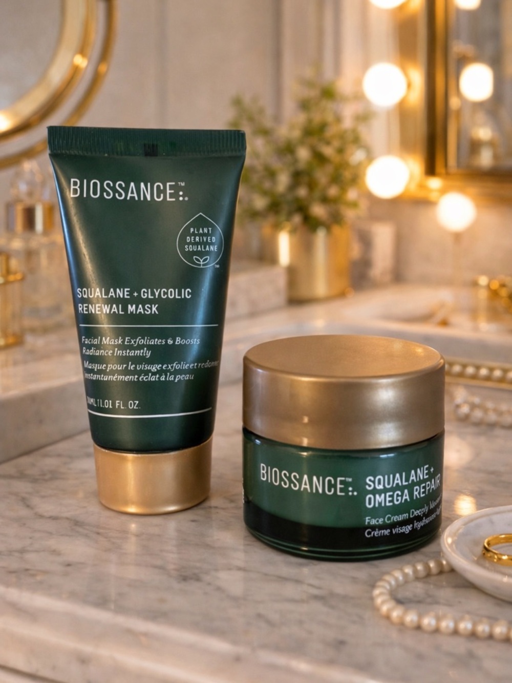 Biossance Squalane Glycolic Renewal Mask & Omega Repair Bundle Cream Set Clean